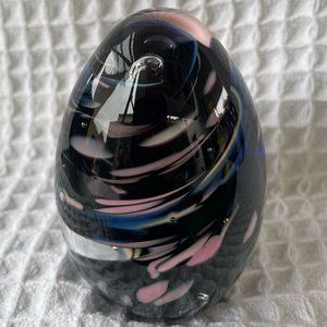 Handblown Glass Art Vintage Egg Paperweight by Schuster Studios Black/Pink/Blue